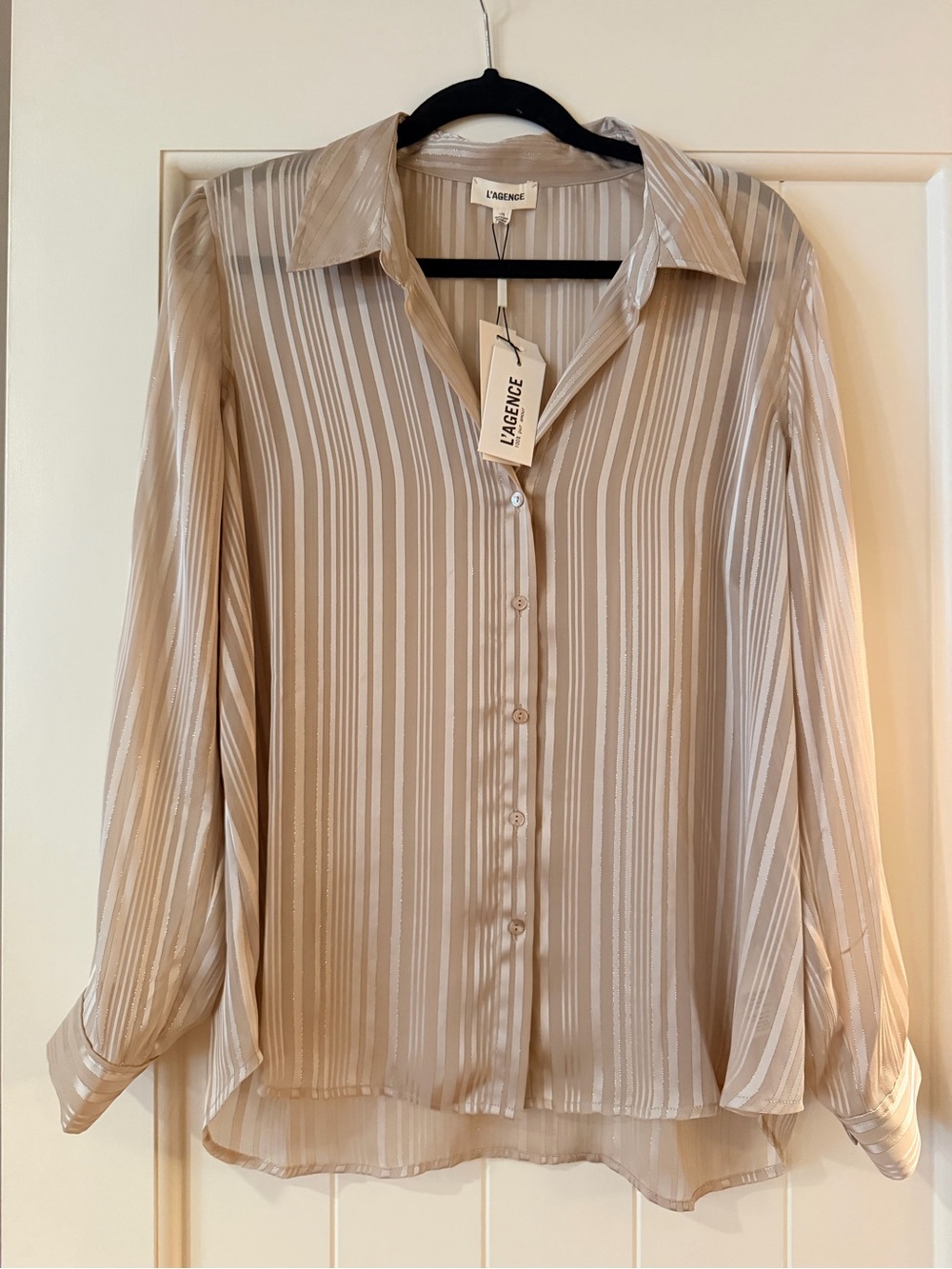 L'AGENCE NWT Taupe Sheer Striped Button-Down Blouse Size Large
